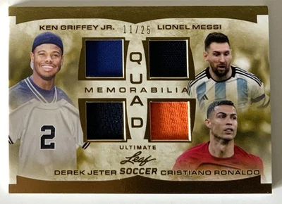 Ronaldo, Messi, Griffey Jr, Jeter, 2022 Leaf Ultimate #/25 Gold Quad Memorabilia Foto 1 de 3