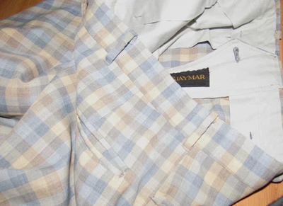 Vintage JAYMAR Men's 33 X 32 Check Pants Brown Tan Blue Flared Flat Front Polyes - Image 1 of 4