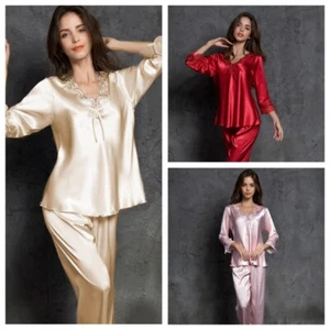 Womens Soft Silk Satin Pyjamas Set Loungewear Sleepwear Nightgown Sexy Home Wear - Picture 1 of 22