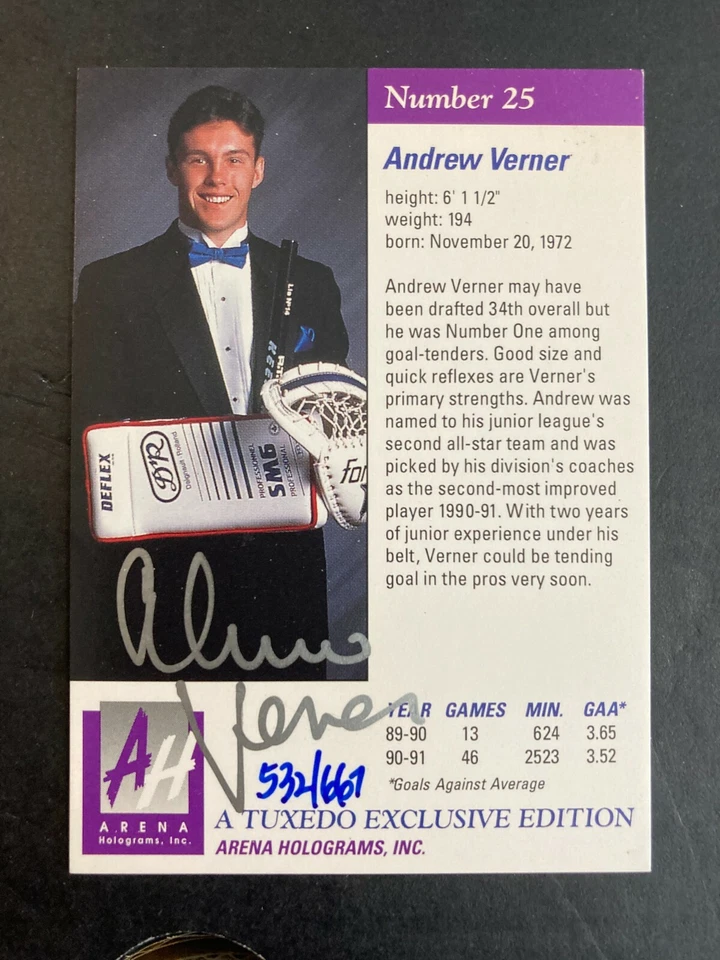 Andrew Verner Autograph 1991 Arena Draft Tuxedo Premiere Edition #25 /667  B7 - Image 1 of 2