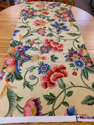 Fabric Screen Print Beige Brocade Multi Color Flowers Grapes 55" X 22" - Image 1 of 4
