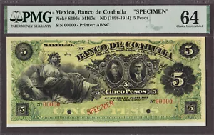 Messico Banco de Coahuila 5 Pesos ND (1898-1914) ESEMPLARE P-S195s CH UNC PMG 64 - Foto 1 di 2