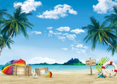 7x5ft Summer Holiday Sea Beach Palm Trees Clouds Vinyl Backdrop Photo Background - Image 1 of 4