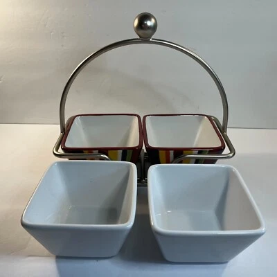 Pampered Chef Simple Additions 4 Square Bowls & Caddy Carrier Dip Sides Used - Image 1 of 4