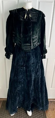 Antique Victorian Two Piece Black Velvet Mourning Dress Jacket Skirt Embroidery - Image 1 of 4