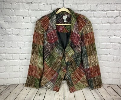 Chico’s Multi Color Patch Plaid Tweed Career Jacket Coat Blazer Size 3 EUC - Image 1 of 4