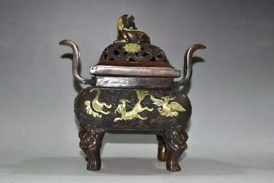 Exquisito quemador de incienso chino de latón dorado hecho a mano 50733 Foto 1 de 4