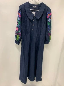Vyshyta Damen L Cottagecore Leinen bestickt Kleid marine ukrainisch Midi Gürtel - Bild 1 von 5