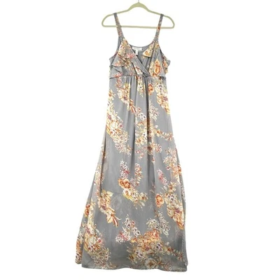 Jessica Simpson Maternity Grey Floral Print Ruffle Sleeveless Maxi Dress Large - Image 1 of 4