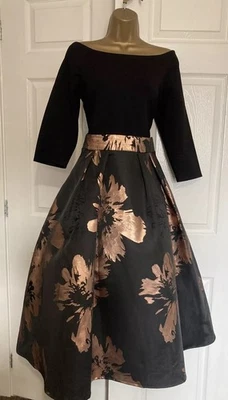 Coast  Black Gold Floral Fit Flare Jacquard Pockets Midi Occasion Dress Size 16 - Image 1 of 4