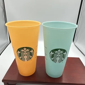 Menge 2 Multicolor Starbucks Wiederverwendbar Kunststoff 24oz Matt Becher Becher Keine Deckel - Bild 1 von 9