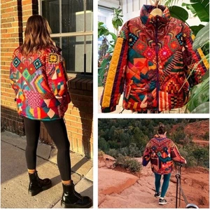 Farm Rio RED ABSTRACT PATCHES REVERSIBLE PUFFER JACKET colorful crochet XS  - Picture 1 of 16