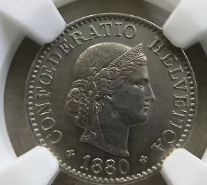 SWITZERLAND 5 rappen 1880 NGC MS 63 UNC Helvetia Bern Graded Nickel Wreath - Picture 1 of 3