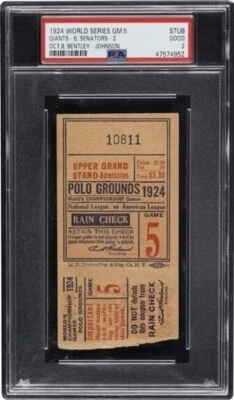 1924 WORLD SERIES GAME 5 TICKET STUB WALTER JOHNSON HIT #1/GOOSE GOSLIN HR PSA 2 - Image 1 of 4