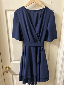Navy Blue Size Small Short Sleeve Ruffled Knee Length Dress - Picture 1 of 3