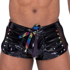 Vinyl Mesh Runner Shorts Rainbow Studded LOVE Drawstring Black 6338 Large - Picture 1 of 6