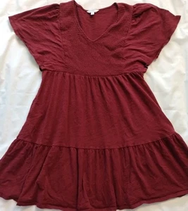 WOMEN TIME AND TRU BURGUNDY SHORT SLEEVE STRETCH KNIT SMOCKED MINI DRESS L 12/14 - Picture 1 of 14