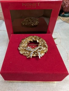 Weihnachts Brosche Monet goldfarben Strass Kranz signiert Vintage Anstecknadel - Bild 1 von 9