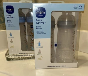 MAM Easy Active Bottle 11 oz (4 Count) Fast Flow Nipple | 4+ Months, Gray & Blue - Picture 1 of 9