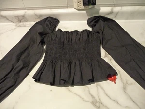 STAUD JULES SMOCKED PUFF-SLEEVE PEPLUM TOP BLACK WOMENS LARGE NEW WITH TAG - Picture 1 of 8