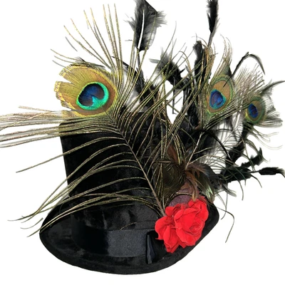 Sombrero Alto Negro Rojo Lazo Plumas Pavo Real Deco Steampunk Dapper Boda Topper Foto 1 de 4