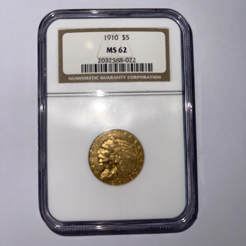 1910 Gold Indian $5 NGC MS62. Free insured registered delivery! ⭐️ Cover