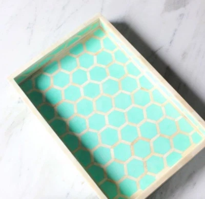 Handmade Bone Inlay Vintage Antique Decorative Rectangular Geometric Tray - Image 1 of 4