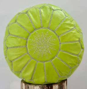 MOROCCAN LIME GREEN LEATHER  POUFFE FOOTSTOOL BEANBAG OTTOMAN POUFF *HANDMADE*  - Picture 1 of 8