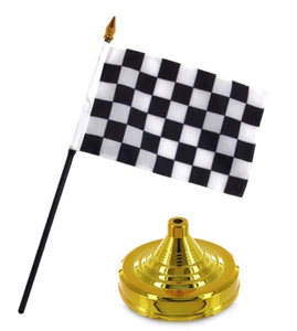Schwarz und weiß karierte Rennflagge 4"x6" Schreibtisch Set Tisch Stab Gold Basis - Bild 1 von 1