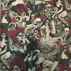 LAS ELEGANTES SKULLS TATTOO ALEXANDER HENRY COTTON FABRIC HALF YD 18"x 44" SMOKE - Picture 1 of 4