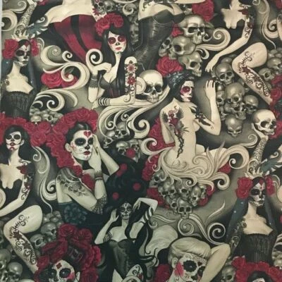LAS ELEGANTES SKULLS TATTOO ALEXANDER HENRY COTTON FABRIC HALF YD 18"x 44" SMOKE