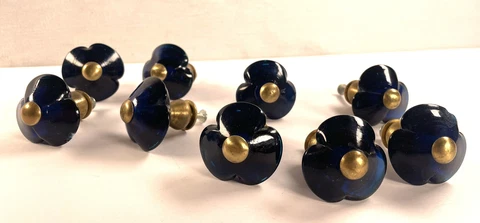 Vintage Brass and Blue Glass Cabinet Drawer Knobs - Beautiful!! 9 Pieces Cover