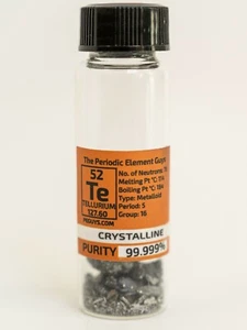 10 Grams of pure 99.999% Tellurium Crystal Pieces in "Stand Tall" Glass Vial - Picture 1 of 3