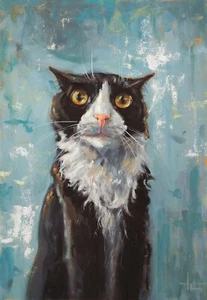 Original Oil Painting Handmade Portrait Black and White Cat 16x11 Inch - Picture 1 of 6