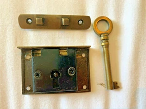 tiny 2" box lock solid brass key heavy works door old style 5cm locks recessed - Picture 1 of 9