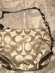 Coach Signature Sateen Carly Hobo Shoulder Bag Handbag F15250 Khaki Gold - Picture 1 of 4