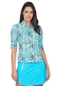 NWT IBKUL MARISSA TURQUOISE NAVY Ruched Elbow Sleeve Mock Golf Top S & M - Picture 1 of 1