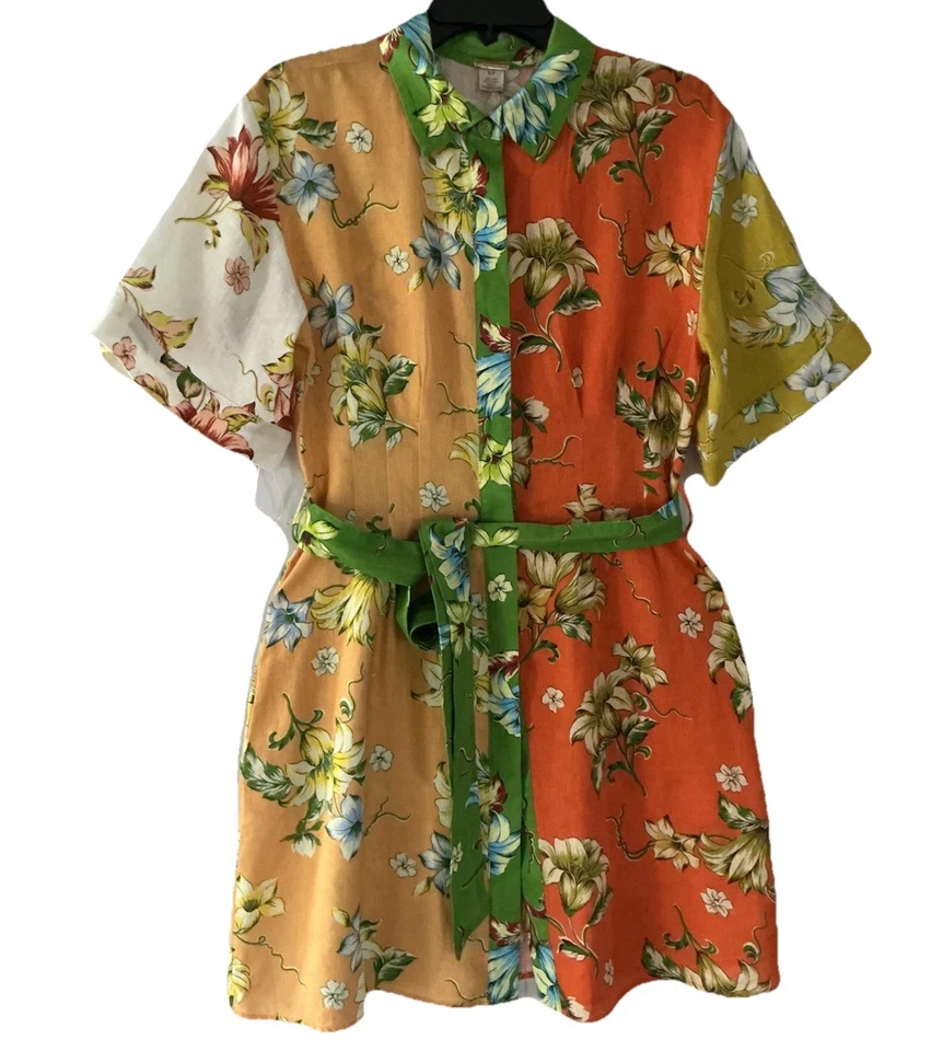 MAGASCHONI Short Sleeve Floral Print Linen Button Up Shirt Dress Medium