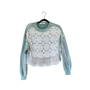 Gimmicks by BKE Crochet Lace Front Sweatshirt Top Sage Green Boho Women's Small - Picture 1 of 5