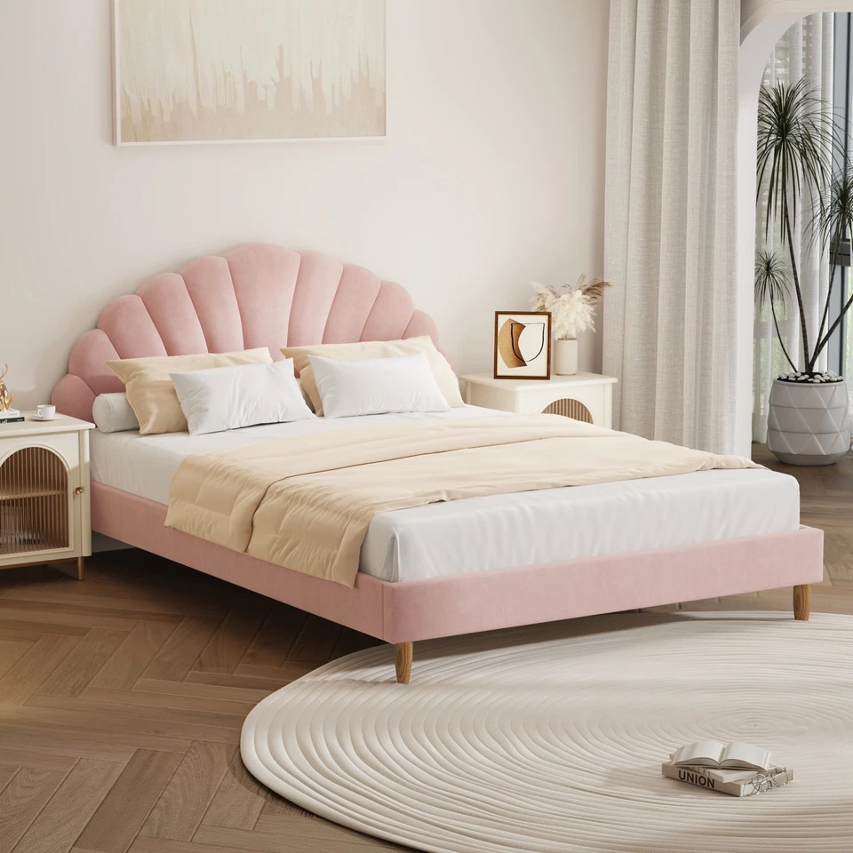 Oikiture Bed Frame Double Size Scallop-Shape Bedhead Pink Velvet - image 1 of 4