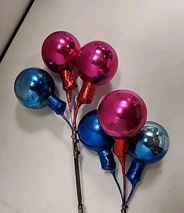 (2)~ Vintage MCM Vidrio Mercurio Navidad Bola Alambre Selecciones Florales ~ Azul y Rosa - Imagen 1 de 3