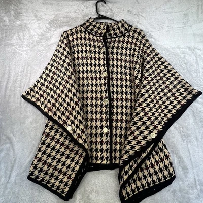 Anne Klein Poncho Houndstooth Print Black/Tan Collared Logo Buckle Size L - Image 1 of 4