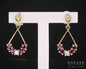 14k Yellow Gold Natural Ruby & Diamond Teardrop Ladies Earrings 1.5g i19920 - Picture 1 of 4