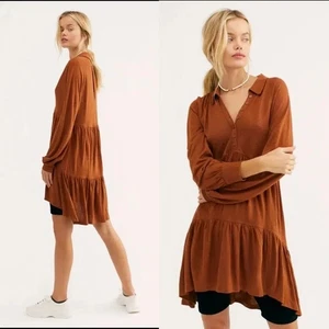Free People "Best Girl" Damen M Cognac Braun Leinenmischung Swing Tunika Kleid Boho - Bild 1 von 8