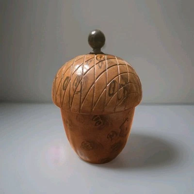 Vintage Signed Faux Burl Wood Acorn Acorn Tea Caddy Hinged 7.5" Brown - Image 1 of 4