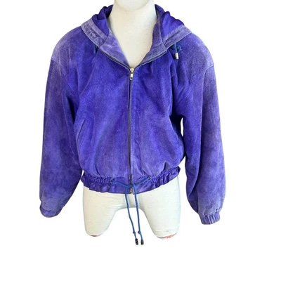 Chaqueta Bomber Chia Vintage Años 80 90 Púrpura Gamuza Cuero Con Capucha Talla Pequeña LEER Foto 1 de 4