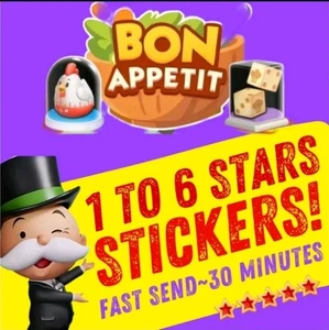 Monopoly_Go (INSTANT SEND) 1 ⭐-6 ⭐ 24/7 CHEAPEST( Bon Appetit - All stickers) - Picture 1 of 5