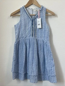 Vineyard Vines Girls Size Med Blue Chevron Fringe Pintuck Sleeveless Dress NWT - Foto 1 di 10