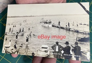 1900’s MANITOU BEACH, Michigan Scene Swimmers, Boat Devils Lake RPPC Mailed 1908 - Picture 1 of 8