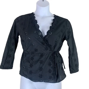 Blusa Madewell Talla Mediana Top Negra Manga Larga Envolvente Ojales Recortes Para Mujer - Imagen 1 de 5